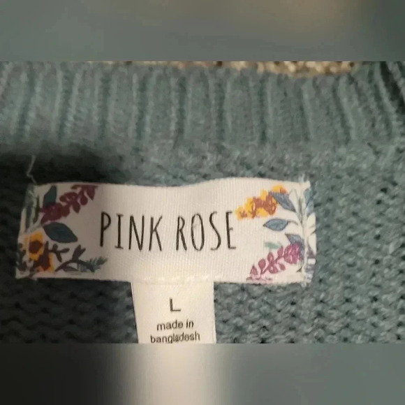 Pink Rose, Striped cropped knit sweater, sage, ivory & gray, womens size LG - Picture 3 of 9